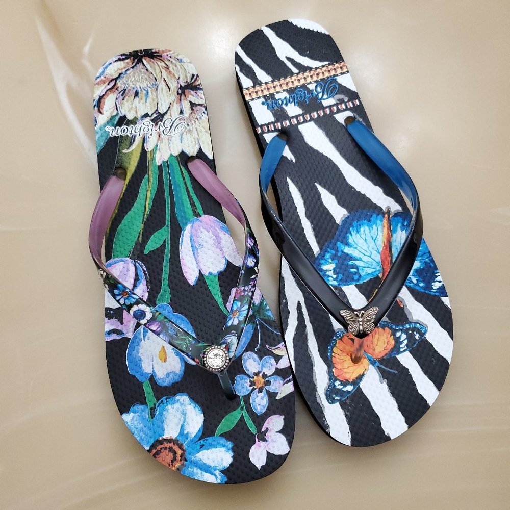 Brighton Black Floral Noir Jardin Mismatched  Flip Flops - Size 10 - Picture 3 of 12